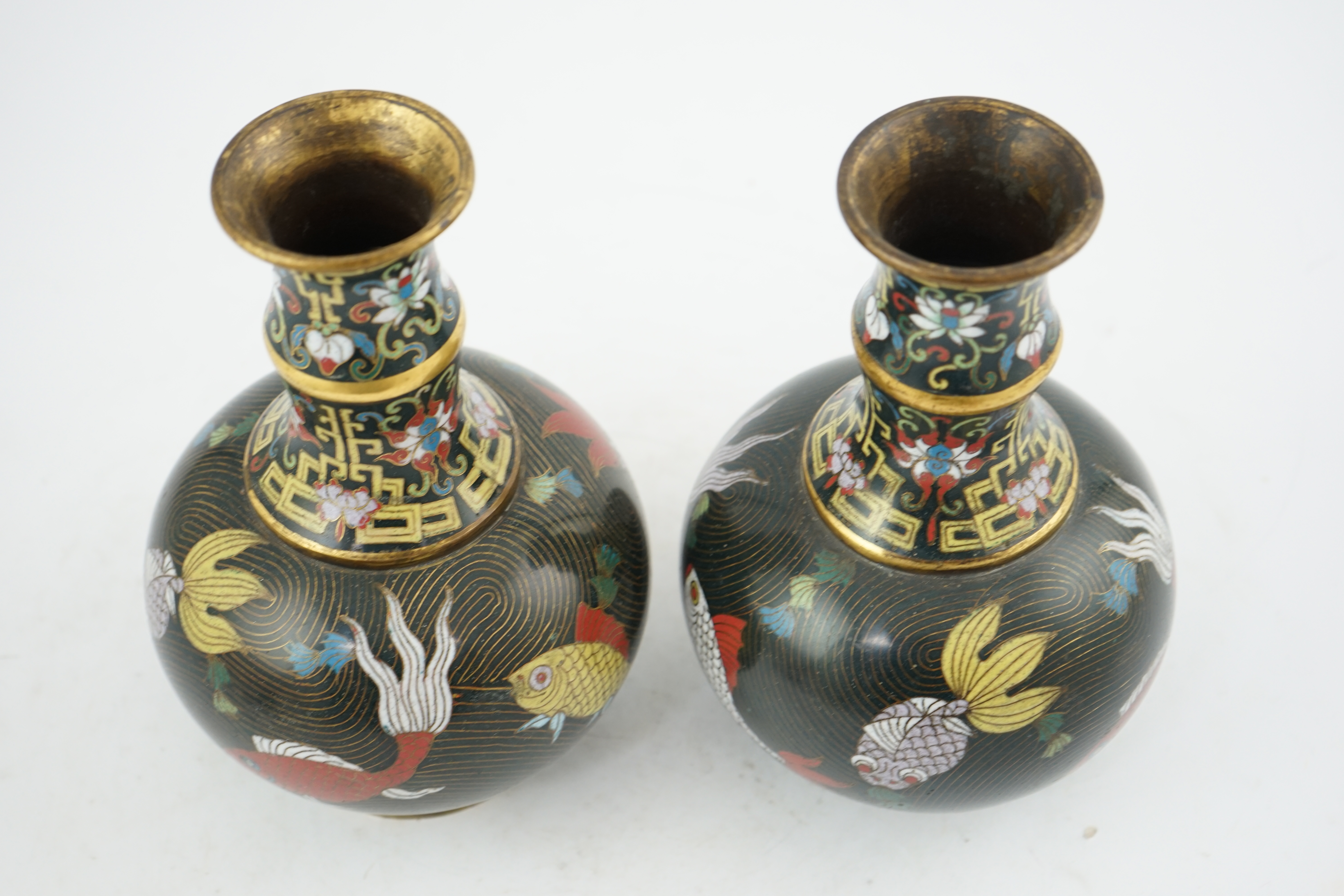 A pair of Chinese cloisonné enamel ‘goldfish’ vases, probably Jiaqing period (1796-1820)